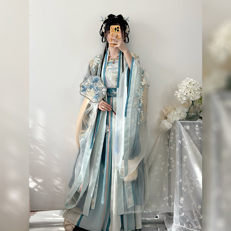 Gaun wanita gaya tradisional Tiongkok, Hanfu biru merah muda, pakaian wanita dengan bordir dan warna gradien gaun Dinasti tang musim panas