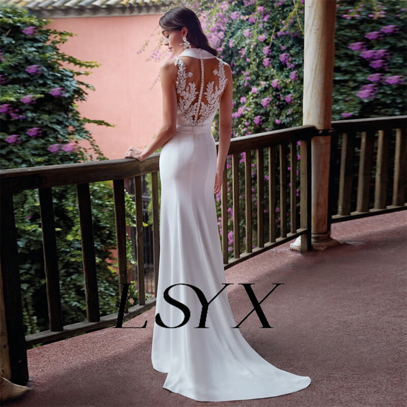 LSYX Deep V-Neck gaun pernikahan putri duyung renda tanpa lengan belahan tinggi ilusi kancing belakang pita lantai panjang gaun pengantin buatan khusus