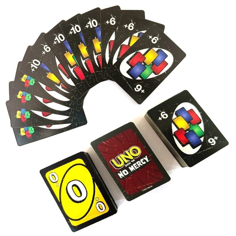 Mattel Games UNO NO MERCY juego de cartas para Noche Familiar con gráficos temáticos de programa de Tv y una regla especial para 2-10 jugadores