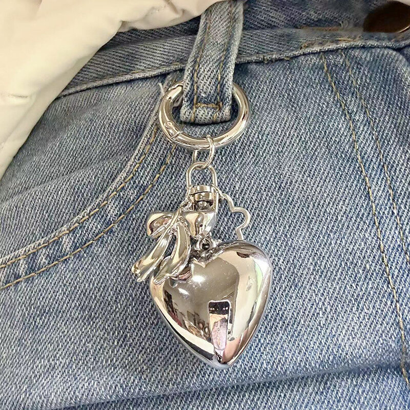 Handmade coração grande Keychain, plástico cor prata chaveiro, carro e bolsa decoração