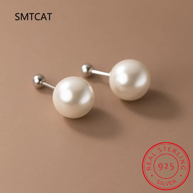 Real 925 Sterling Silver Geometric Round Bead 6/8/10/12mm Pearl Stud Earrings For Women TRENDY Fine Jewelry Accessories