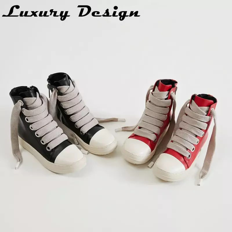 Rick 빈티지 디자이너 남성 신발, 두꺼운 신발끈, 하이탑 플랫폼, 블랙 가죽, 캐주얼 여성 청키 운동화