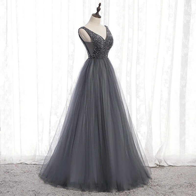 A Line Women Evening Dresses V Neck Sequins Tulle Prom Birthday Party Gowns Formal robes de soirée