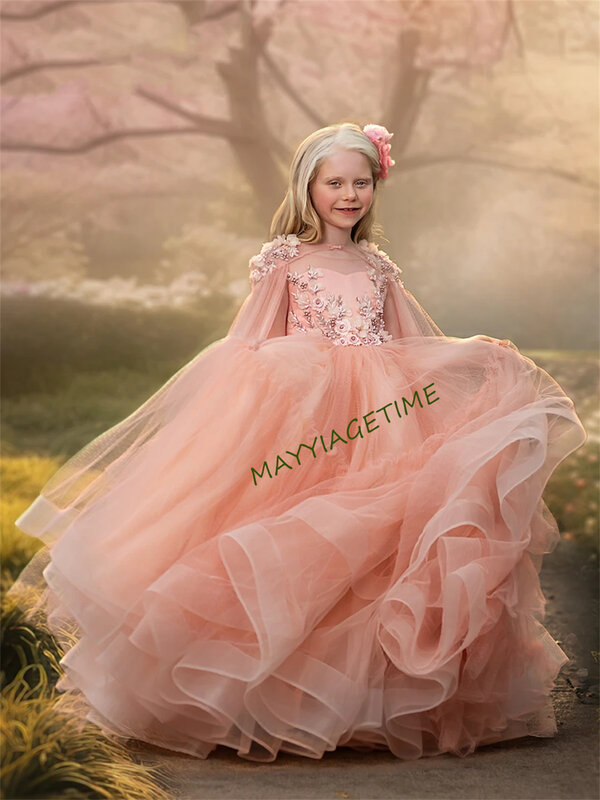 Gaun Princess Anak bayi perempuan, gaun pesta pernikahan anak perempuan, Gaun putri lucu dengan bunga merah muda untuk anak perempuan