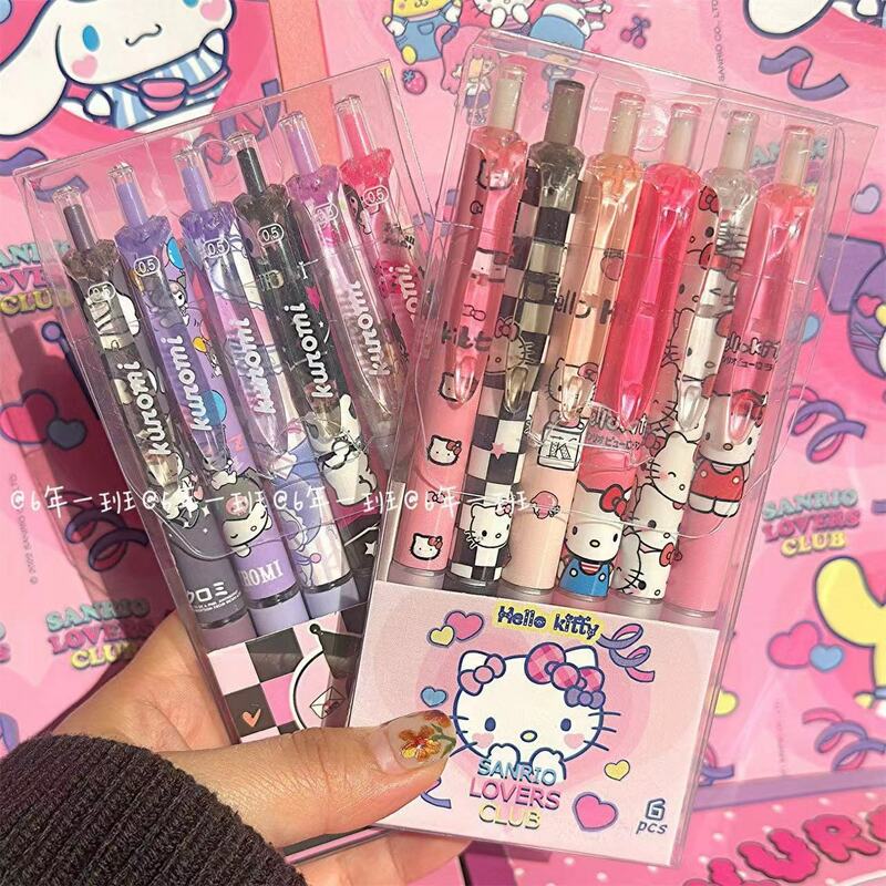 Sanrio pena Gel Sanrio 6 buah Hello Kitty kartun Kuromi ST cepat kering hitam 0.5mm tekan pulpen Pen hadiah alat tulis belajar