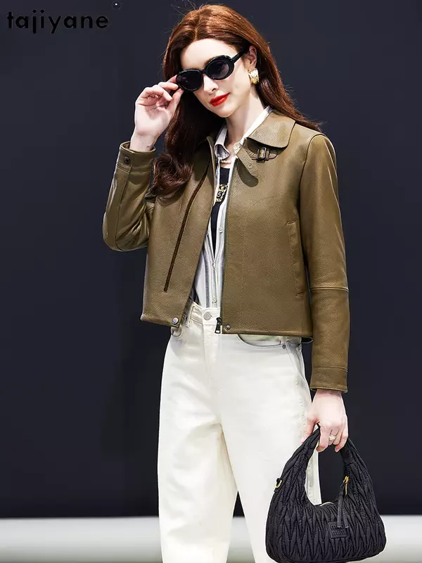 Tajiyane เสื้อแจ็กเก็ตหนังแกะแท้สำหรับผู้หญิง2023 MODE Korea เสื้อแจ็คเก็ตสั้นสไตล์สตรีทแวร์