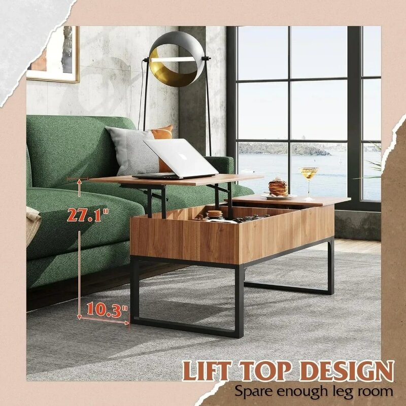 Mesa de café de madeira moderna com armazenamento Mesas de café e chá para sala de estar, compartimento escondido e gaveta para apartamento, retro
