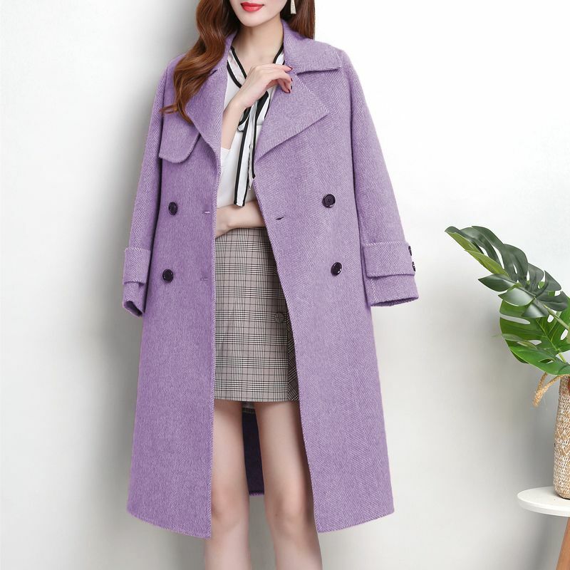 Jaket wol untuk wanita, pakaian luar gaya Korea lengan panjang warna polos mode hangat V2