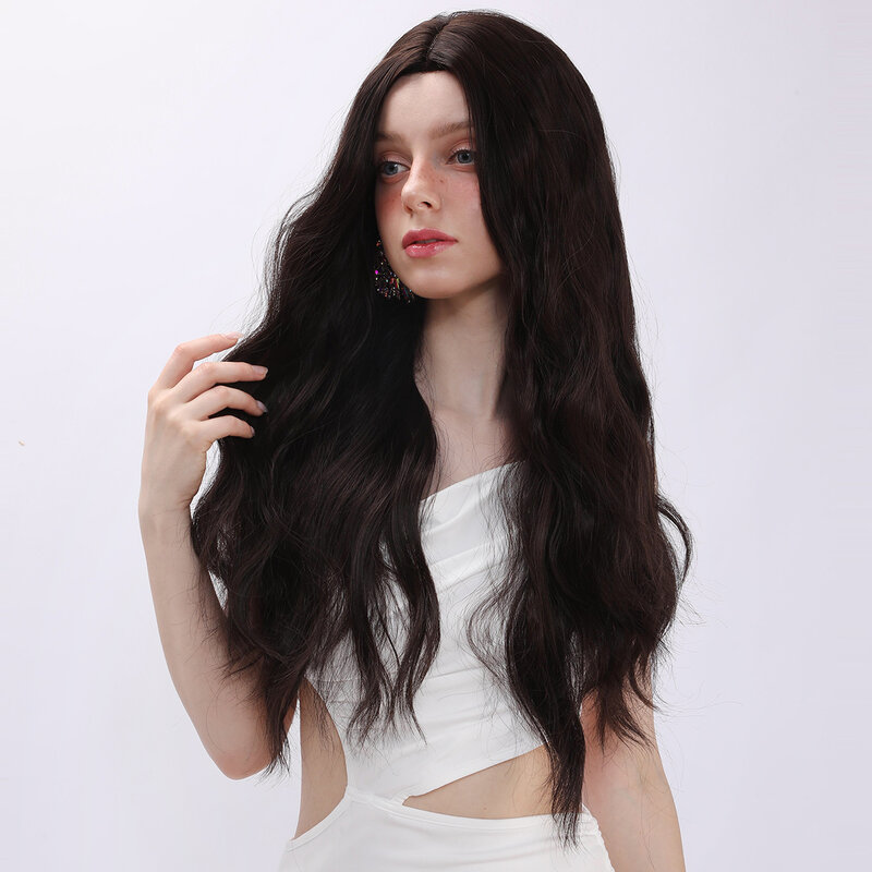 Smilco Dark Brown Long Wavy Wig For Women Middle Part Synthetic Natural Curly Wigs Daily Cosplay Party Heat Resistant Fake Hair