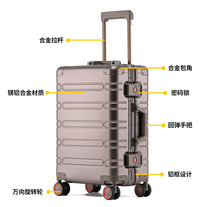 PLUENLI-maleta de aleación de aluminio y magnesio, Maleta de equipaje con ruedas universales