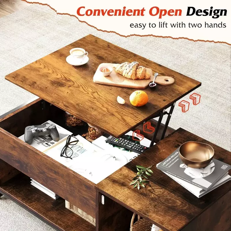 Коричневая мебель для гостиной в рустикальном стиле со скрытым отсеком и открытой полкой, подъемный журнальный столик с отсеком для хранения, боковой столик