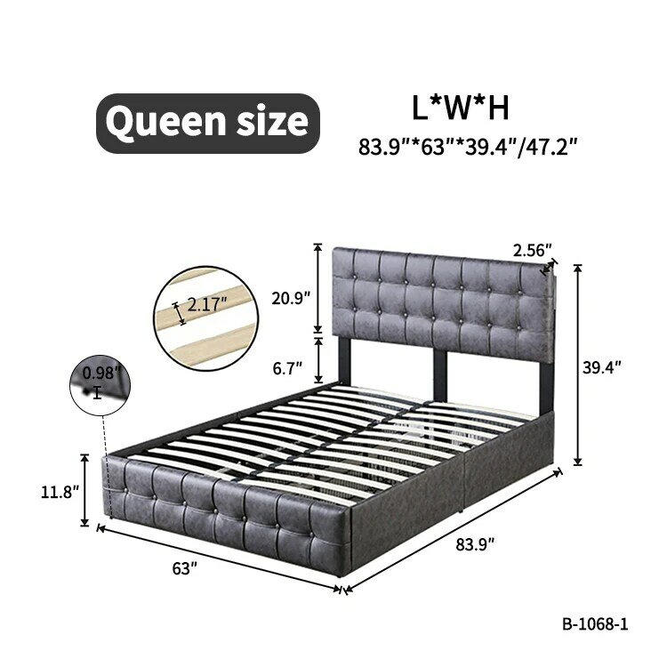 Quadro da cama com 4 gavetas do armazenamento, pano cinzento da tecnologia, botão encaixado, altura ajustável, plataforma estofada, quadro da cama