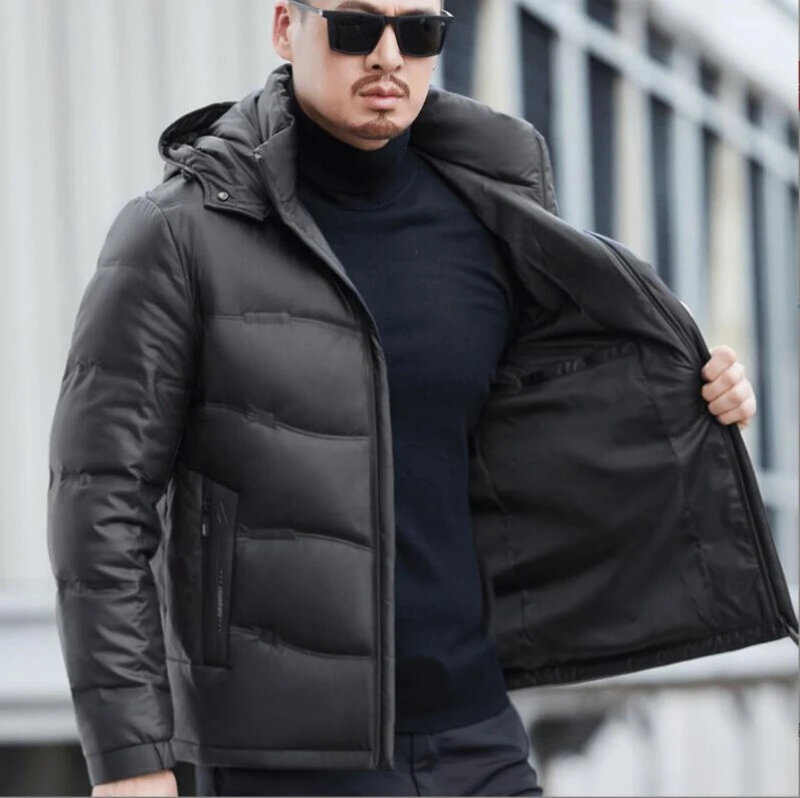New Winter Men's Genuine Leather Down Coat Sheepskin Casual Hooded Removable Warm Thickened