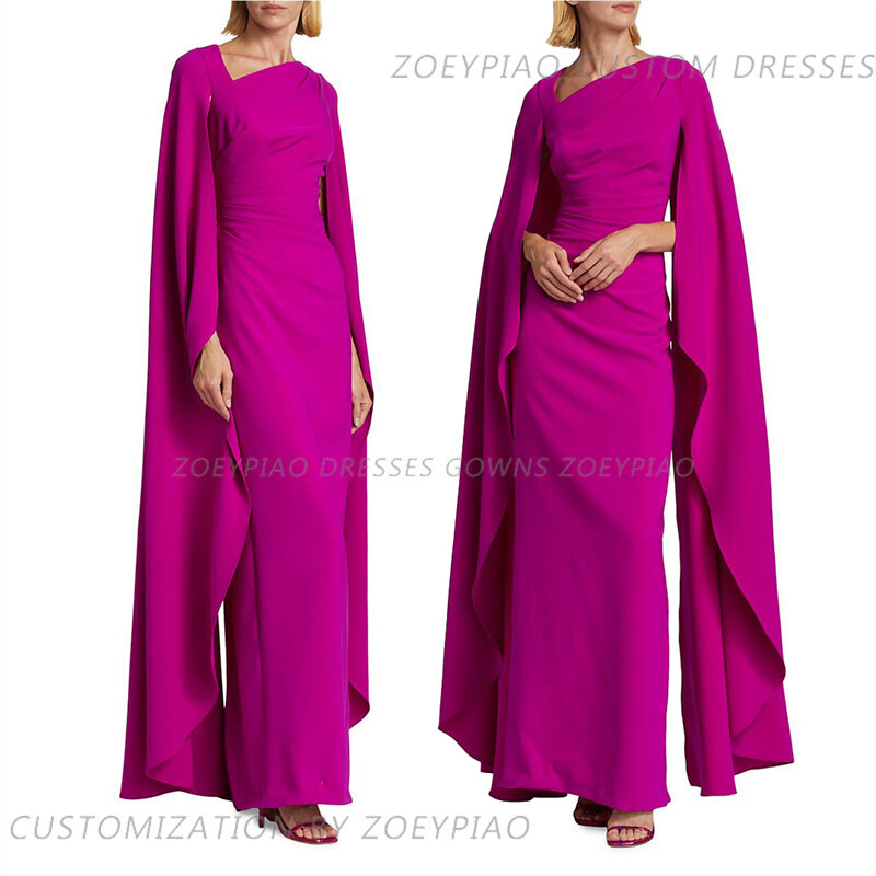 Vintage Fuschia Long Sleeve Satin Prom Dresses Pleated Cape Sleeves Evening Dresses Robes The Soirée Floor Length Party Gowns