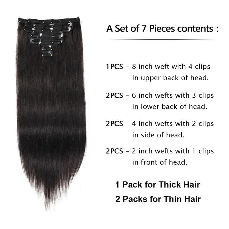 Clip In Hair Extensions Human Hair Brazilian Straight Natural Black Color 1B# Skin Weft Seamless Invisible 100% Remy Hair