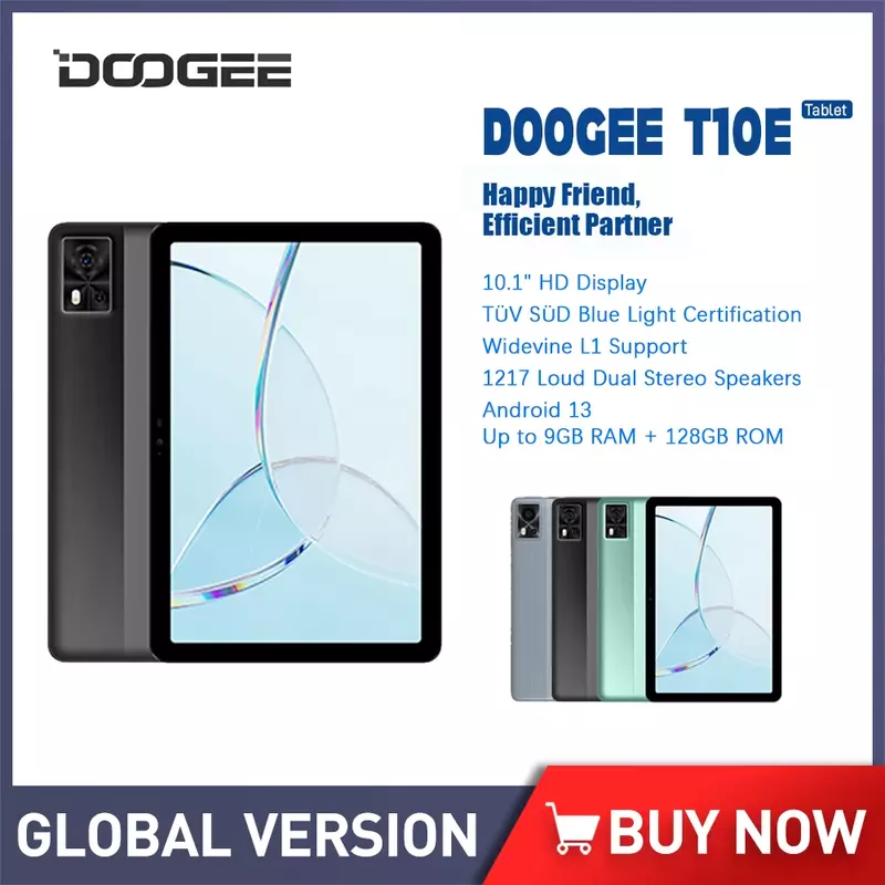 DOOGEE-كمبيوتر لوحي مع الضوء الأزرق ، أندرويد 13 ، 10.1 "HD العرض ، T10E ، T10E ، قرص مع شهادة ، 6580mAh ، 9GB + 128GB
