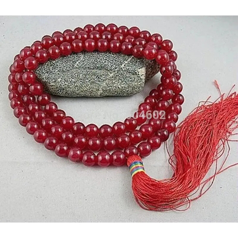 Collier bouddhiste tibétain 108, perle de prière de calcédoine rouge 10mm, collier Mala