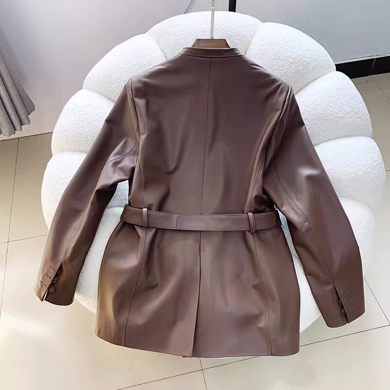 Jaket kulit leher V elegan wanita Chic musim gugur 2023 Eropa jaket kulit asli berkualitas tinggi mantel sabuk C435