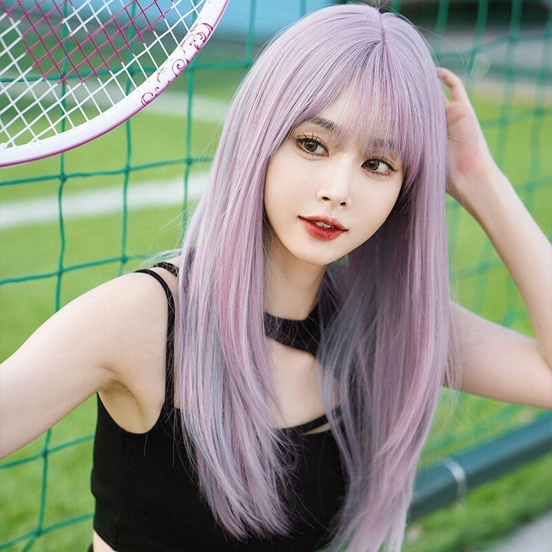Парики 7JHH в стиле "Лолита", Синтетические длинные искусственные фиолетовые парики на плечах с пушистой челкой, многослойный Лавандовый парик высокой плотности для женщин