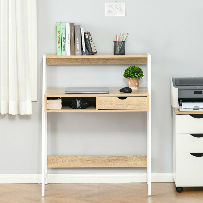Компактный компьютерный стол для дома и офиса с удобными полками для хранения и ящиками, идеальный письменный стол для небольших помещений, натуральное дерево