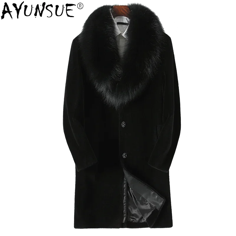 Ayunsu الأغنام القص سترة الرجال ملابس رجالية طويلة معطف جلد طبيعي الثعلب الفراء طوق معطف الفرو رشاقته ملابس خارجية شتاء 2021
