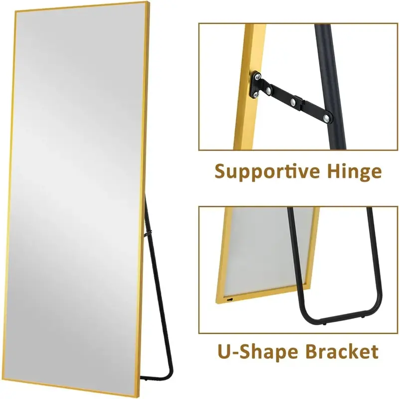 Espejo de cuerpo completo para colgar en la pared, soporte de aleación de aluminio dorado, para dormitorio, baño y sala de estar