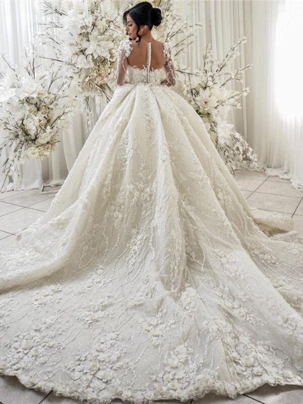 Abiti da sposa avorio di lusso arabo 3D illusione floreale maniche lunghe O-collo bottone indietro abiti da sposa reali abiti da sposa
