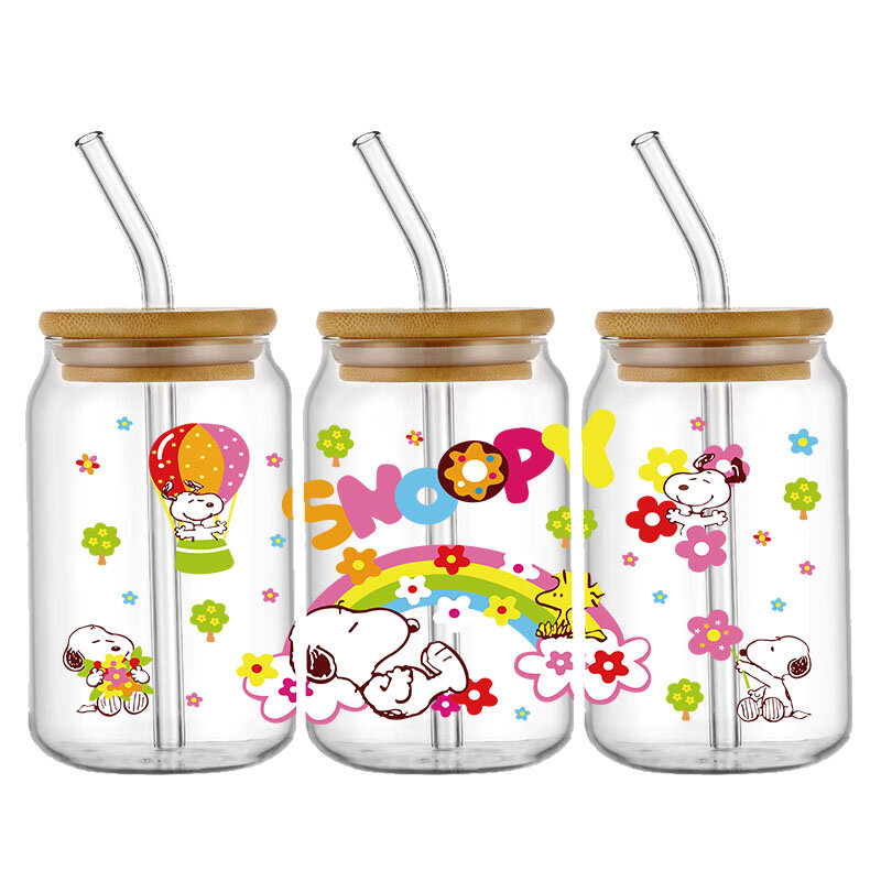 Cartoon Fashion Snoopy 16OZ UV DTF Cup Wraps Transfer Sticker For Glass Libbey Can Bottle Selfadhesive Washable DIY Custom