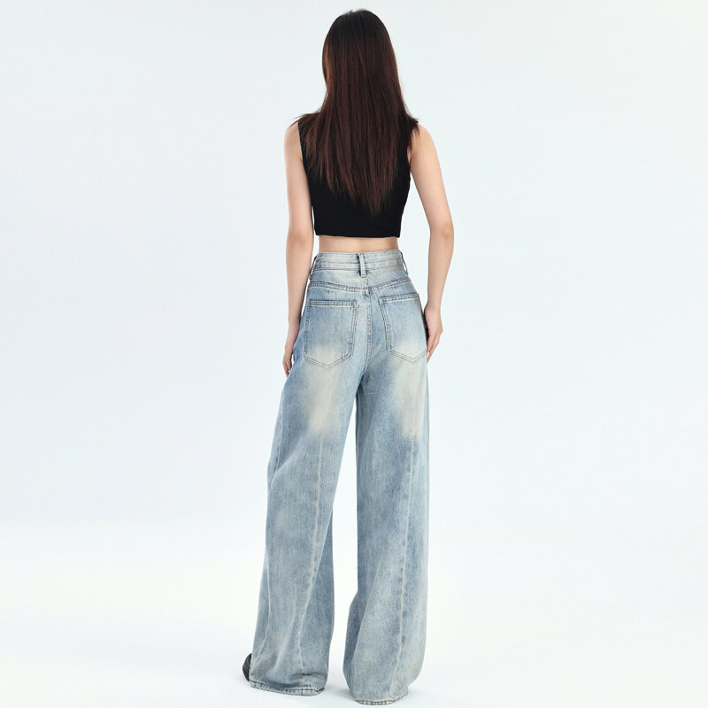 Retro Blue Jeans Women High Waist American Street Style Wide Leg Pants 90s Vintage Design Straight Denim Trousers Baggy Jeans