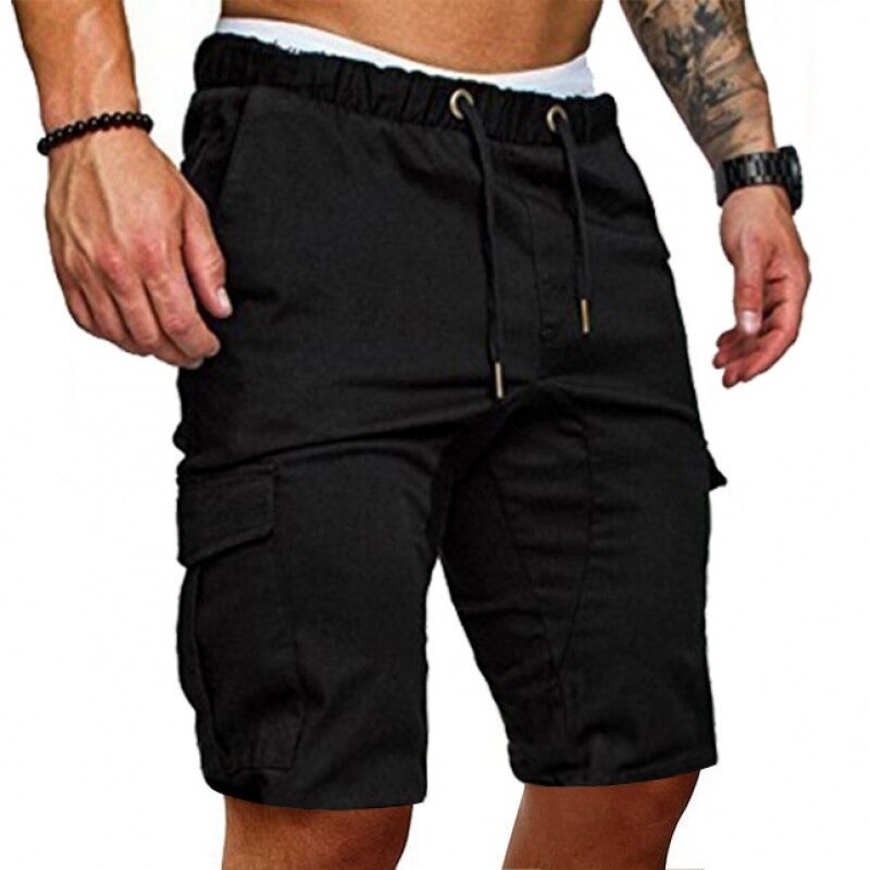 Calção de carga solta de vários bolsos masculino, calça curta casual de cor sólida, quinta calça, verão