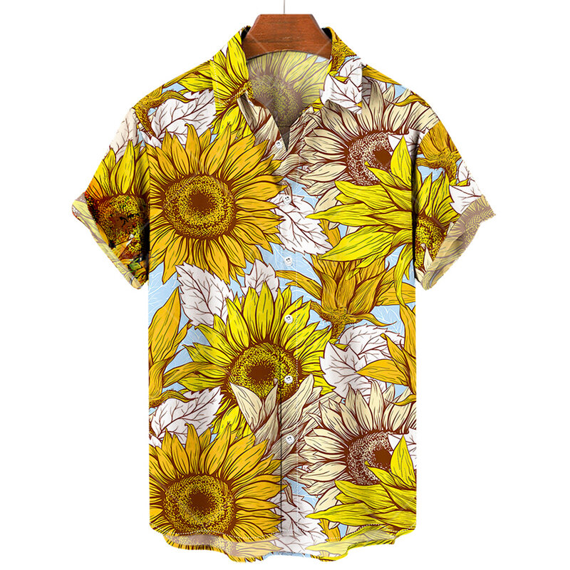 Camisas hawaianas con estampado 3D de girasoles para hombre, ropa de calle de manga corta con solapa y botones, moda de verano
