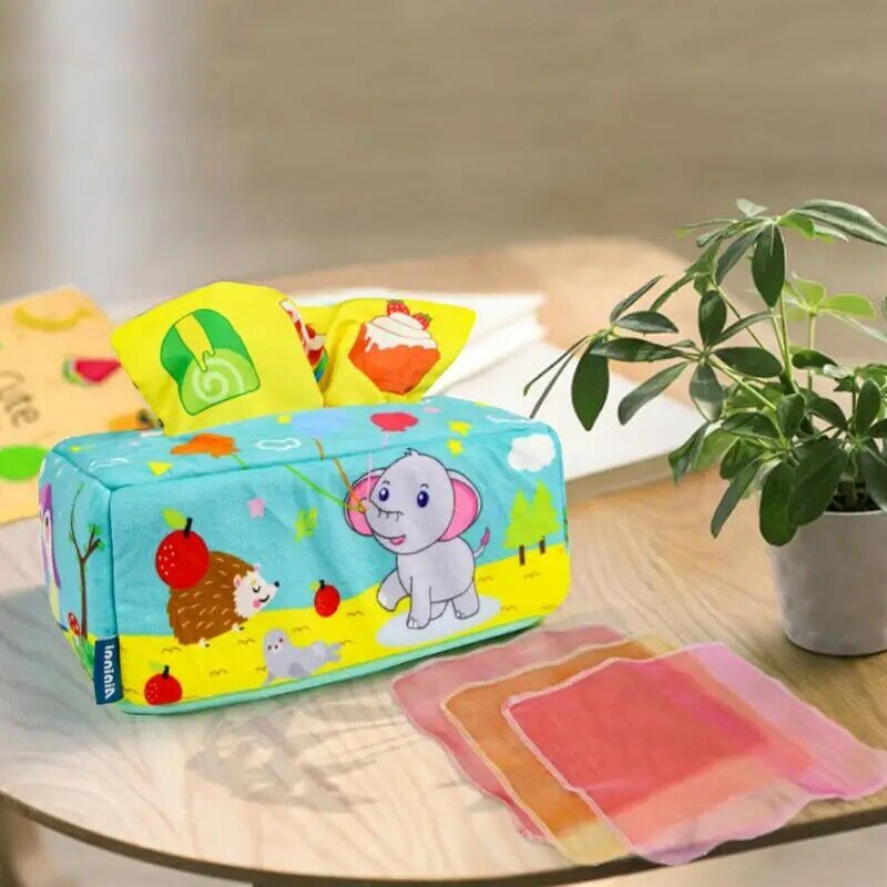 Caja de pañuelos de juguete para bebés, juguetes sensoriales Montessori suaves para bebés, con 8 bufandas coloridas y 3 papeles arrugados, juguetes educativos