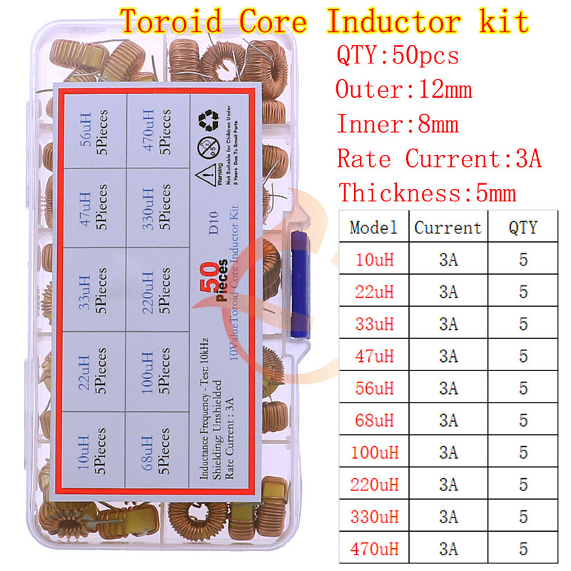 Kit surtido de inductores de anillo de Color de Choke de núcleo de Toroide, 2.2uH, 3.3uH, 4.7uH, 6.8uH, 10uH, 22uH, 47uH, 68uH, 100uH, 220uH, 1mH, 4.7mH, 10mH, 100mH
