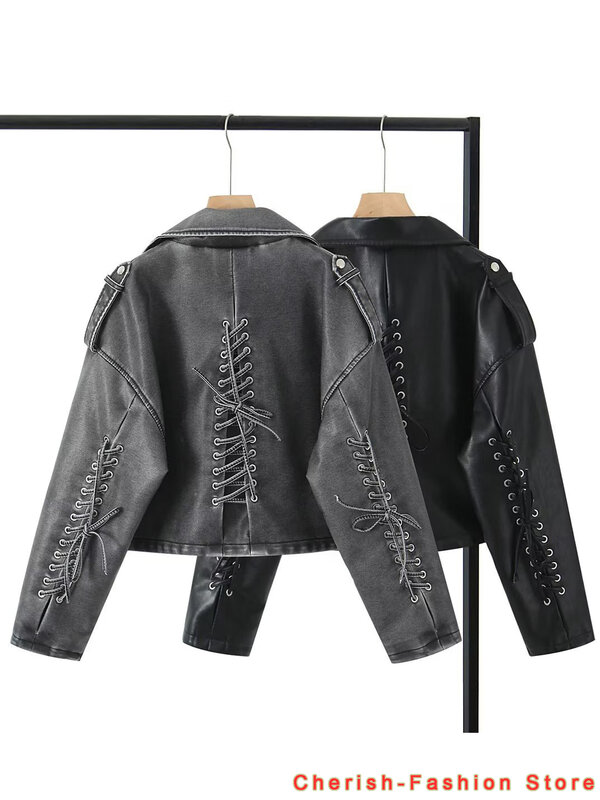 Jaqueta de couro lavada com carvão cinza, casaco borlas, casaco curto com zíper rebaixado, lapela vintage, novo, 2023