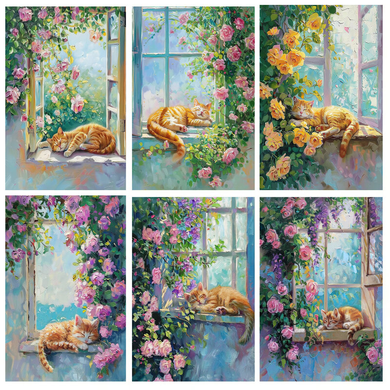 لوحة أكريليك للقطط والنافذة بواسطة مجموعة الأرقام ، زهور تحت الورود ، لوحة يدوية ، أعمال فنية ذاتية الصنع ، هدية لديكور المنزل