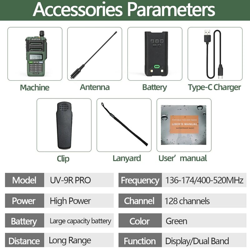 Baofeng-walkie-talkie UV 9R Pro V2, Radio bidireccional, resistente al agua IP68, cargador tri-power tipo C, doble banda, Ham, CB, UV 9R Plus