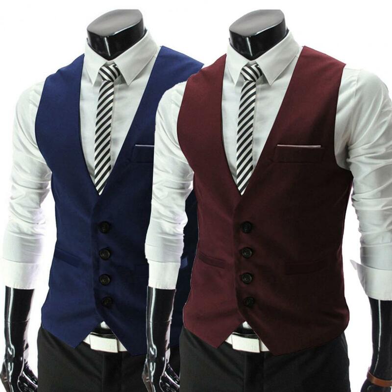 Chaleco de traje con bolsillos simples para hombre, chaleco Formal de negocios sin mangas, ropa de trabajo de Color sólido