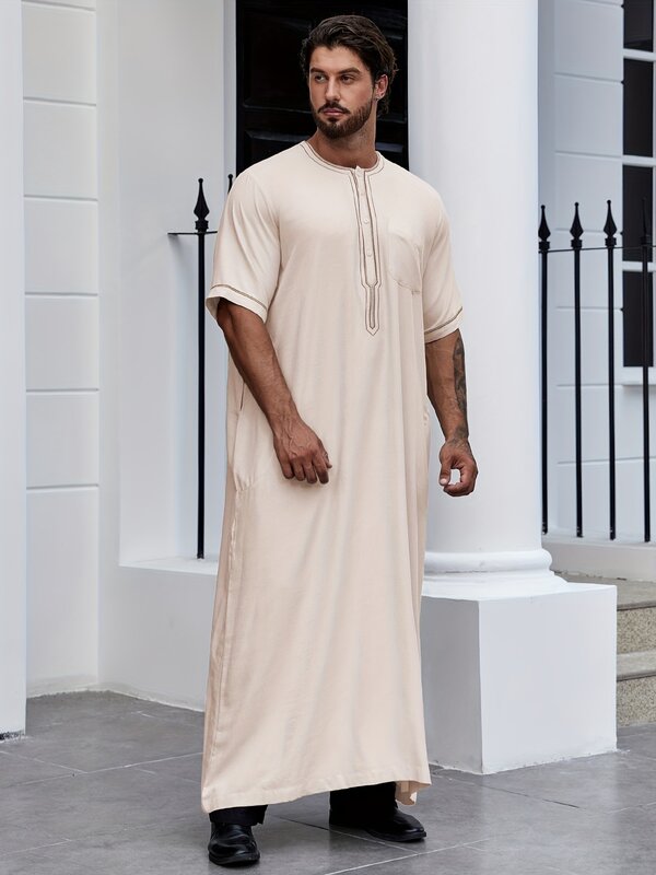 Ramadan abiti musulmani da uomo camicie Henley a maniche lunghe con tasca caftano Abaya islamico abito lungo arabo Thobe Robe per uomo
