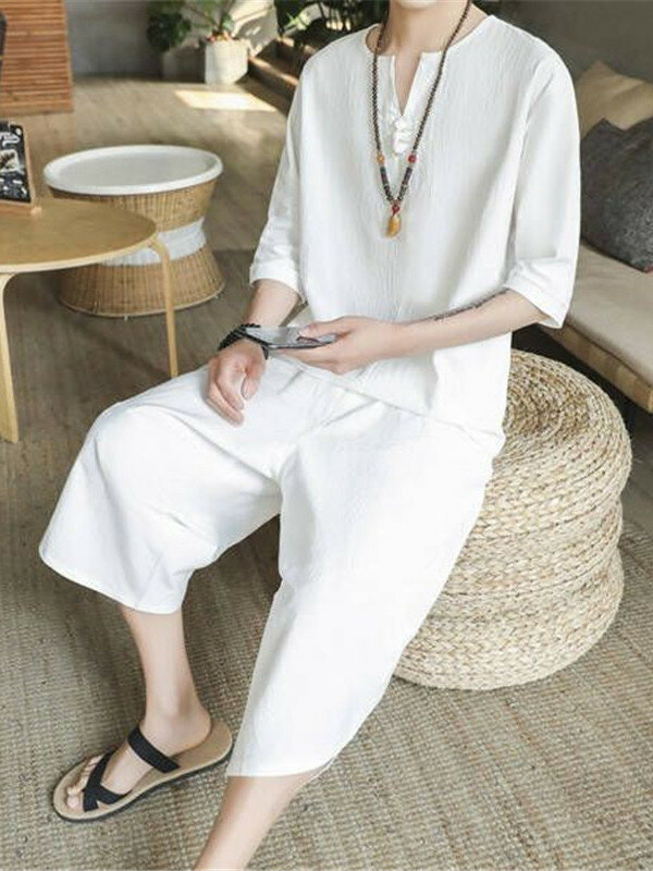 2PCS Retro Chinese Traditional Man Clothing Set Linen Summer Half Sleeve V-neck T-shirt Solid Oriental Kung Fu Tang Suit