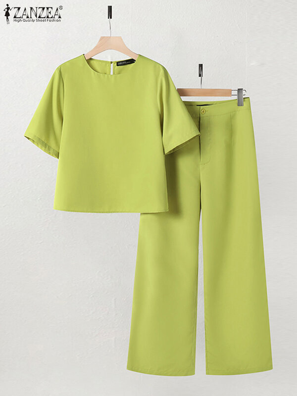 Damskie eleganckie spodnie z krótkim rękawem zestawy dwuczęściowe w stylu Casual, biurowy dres Outifits 2024 ZANZEA letnie pasujące zestawy