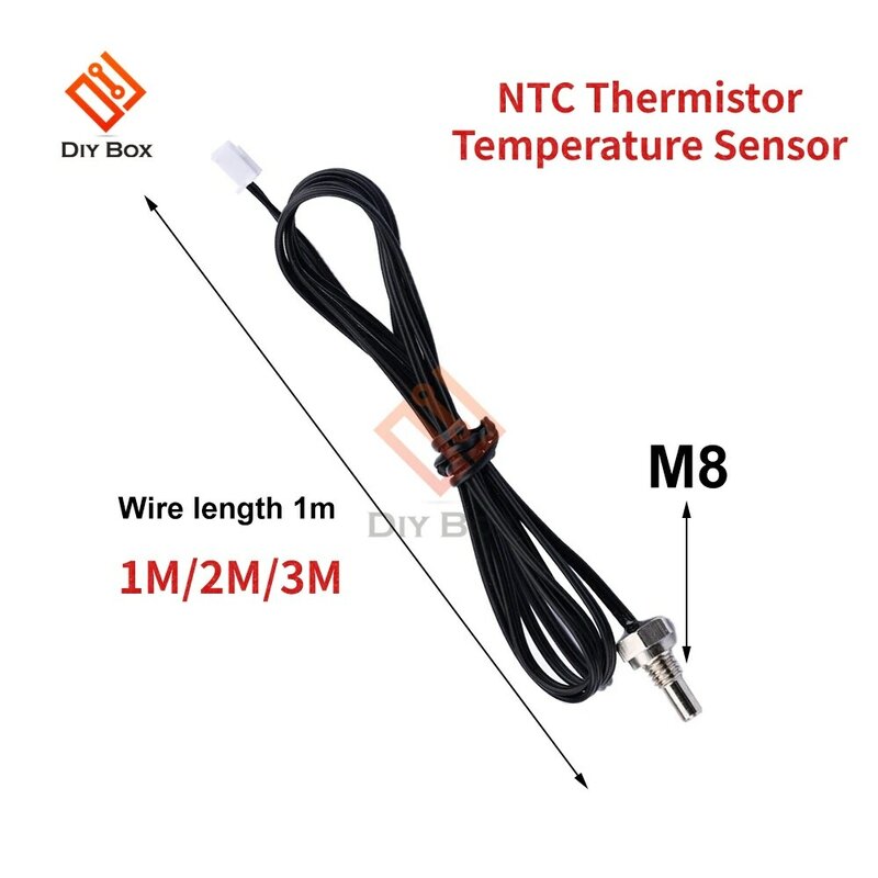 Capteur de température NTC thermistance, fil de sonde étanche 10K M8, câble de sonde à filetage B3435 Terminal XH2.54 2 broches 1M 2M 3M