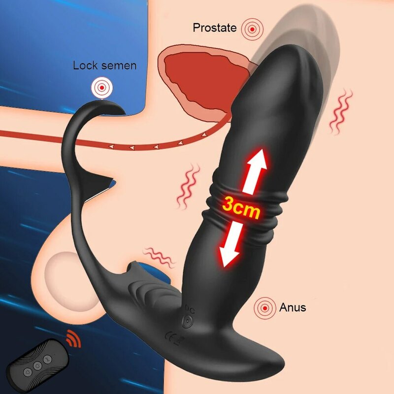 Telescópico Vibratório Masculino Próstata Massageador, Anel do Pênis, Ejaculação Atrasada, Controle Remoto Ponto G, Plugue Anal, 10 Modos