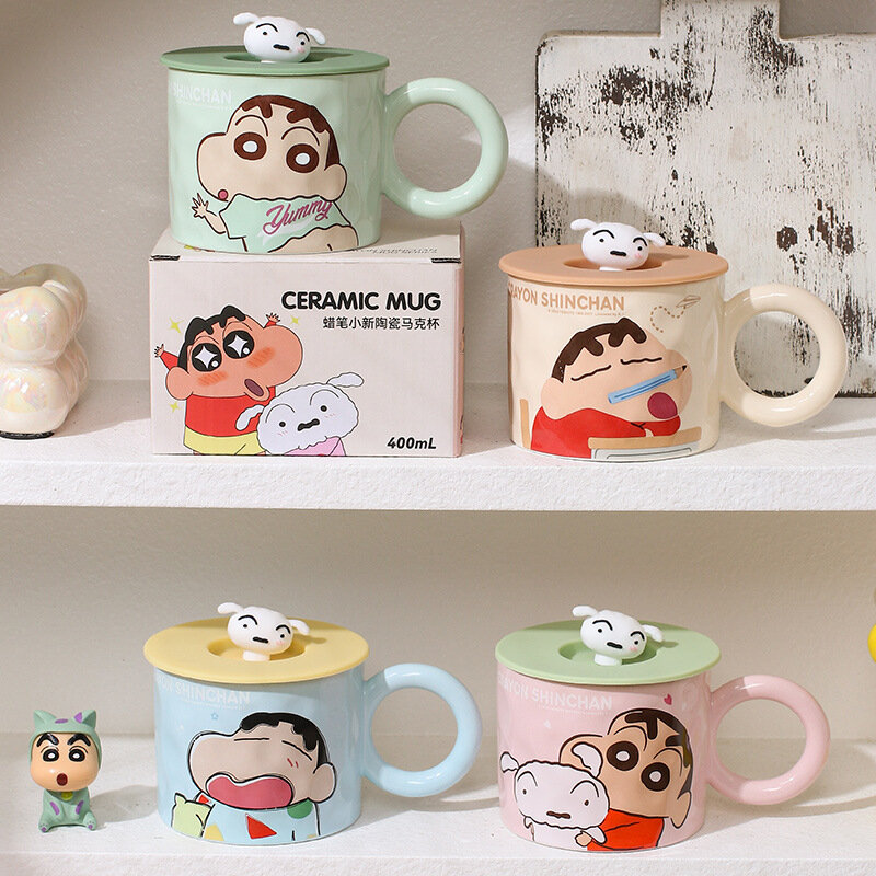 Crayon Shin-Chan ถ้วยน้ำชาลายช้างหมุนน่ารักถ้วยน้ำเซรามิกแก้วกาแฟความคิดสร้างสรรค์ kado ulang tahun สาว