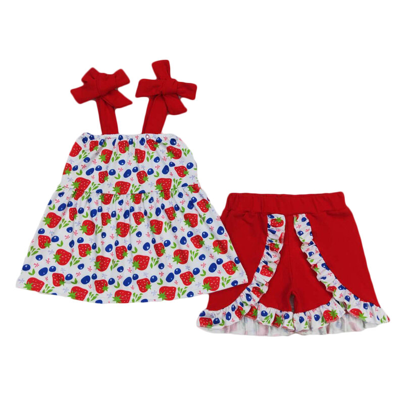 어린이 여름 딸기 꽃 튜닉 탑, 유아 어린이 격자 무늬 러플 반바지, 아기 소녀 꽃 유아 복장 세트 도매