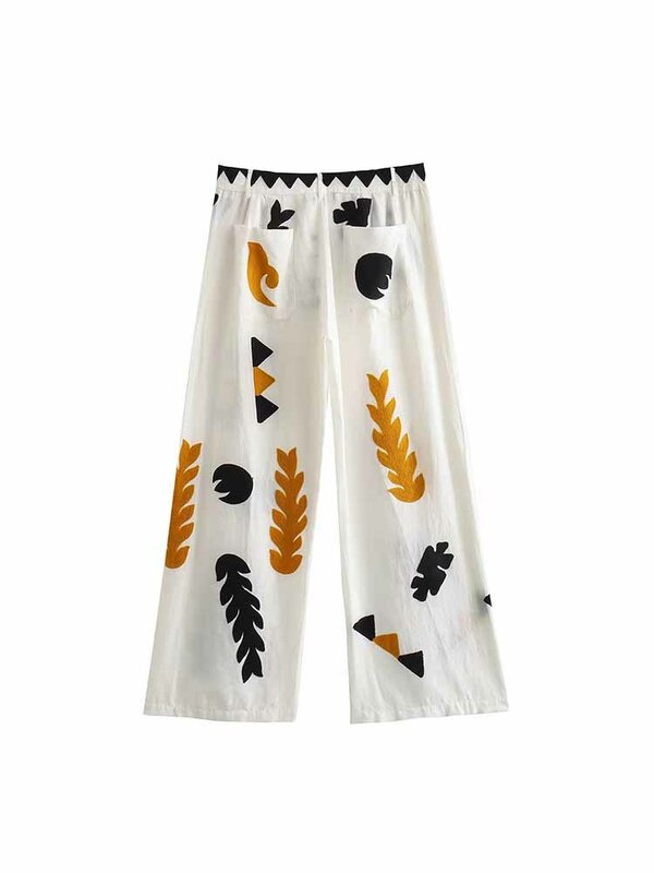 Women New Chic Fashion Pocket decoration Embroidered printed Casual Pants Vintage High Waist Zipper Female Trousers Mujer