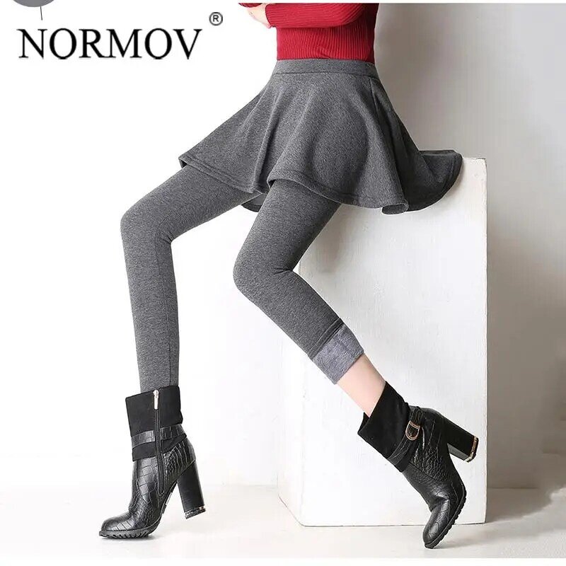 NORMOV jesienno-zimowa zagęścić elastyczne rajstopy Femme odchudzanie fałszywe dwie spódnice termiczne legginsy dla wysokiej talii Stretch obcisłe spodnie