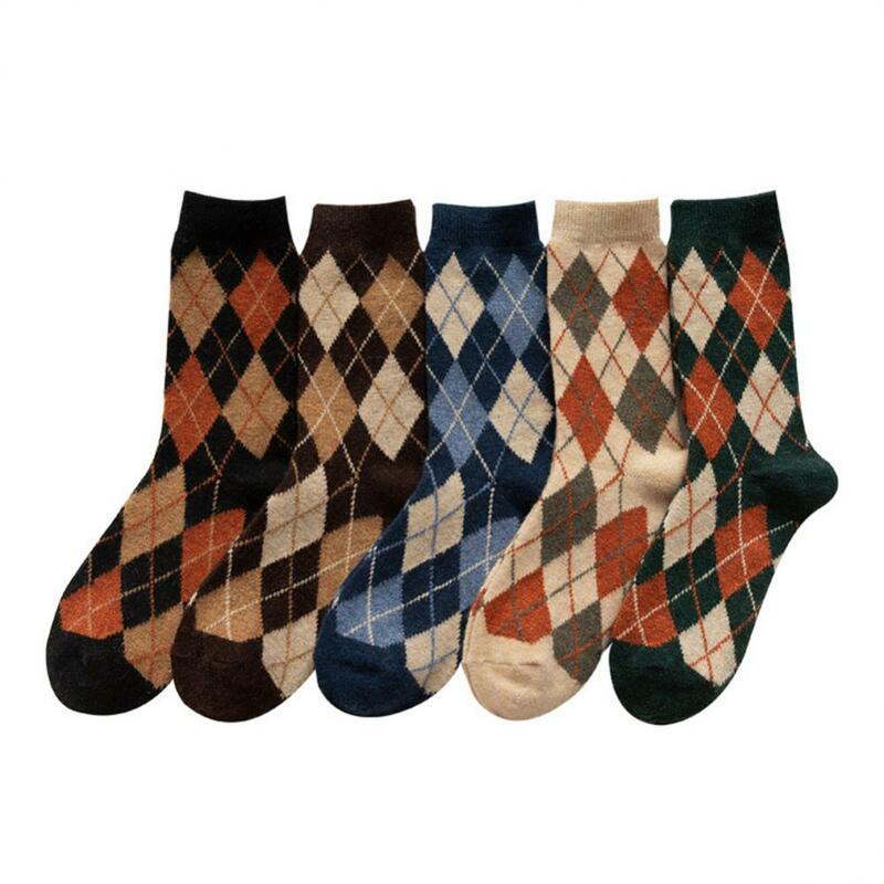 Kaus kaki wol kotak-kotak prisma Retro 1 ~ 5 pasang kaus kaki katun belah ketupat hangat dipertebal musim gugur dan musim dingin