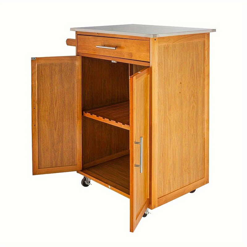 1 pz, carrello da cucina mobile Ubesgoo con piano del tavolo in acciaio inox e un cassetto e un armadio Sapele