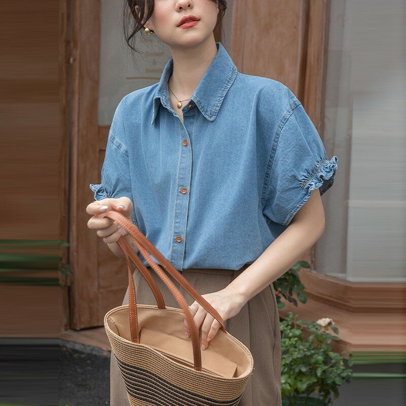 Damska koszula dżinsowa New Arrival 2024 Summer Korean Style Solid Color Basics Luźne damskie koszule z krótkim rękawem W1757