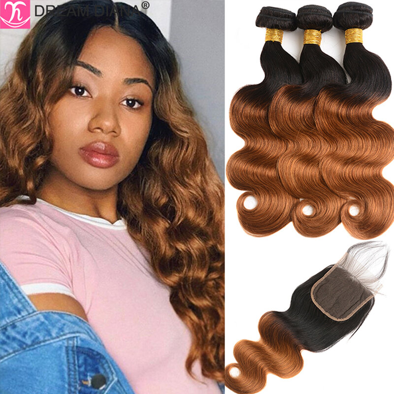 DreamDiana 10A Grade Brazilian Hair Red Body Wave Bundles With Closure 2 Tone Ombre Human Hair Bundles 3 Bundles With Closure